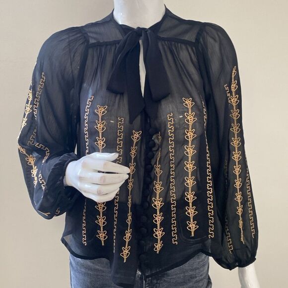 Band of Gypsies Black Sheer Gold Embroidered Tie Neck Long Slv Peasant Top Boho - Picture 1 of 7